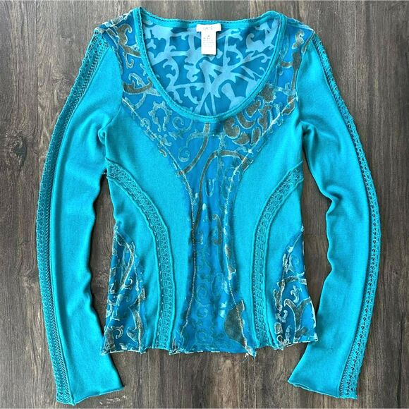 Vtg Cache Silk Cashmere Long Sleeve Shirt Blue Sheer Lace Velvet Blouse Medium - Picture 1 of 9
